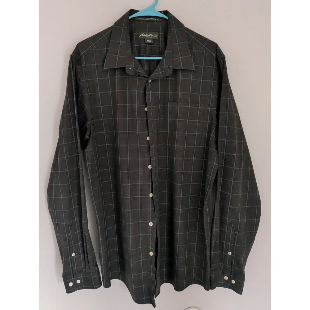 Eddie Bauer Men's Long Sleeve Plaid Button Down Shirt Size XLT Green